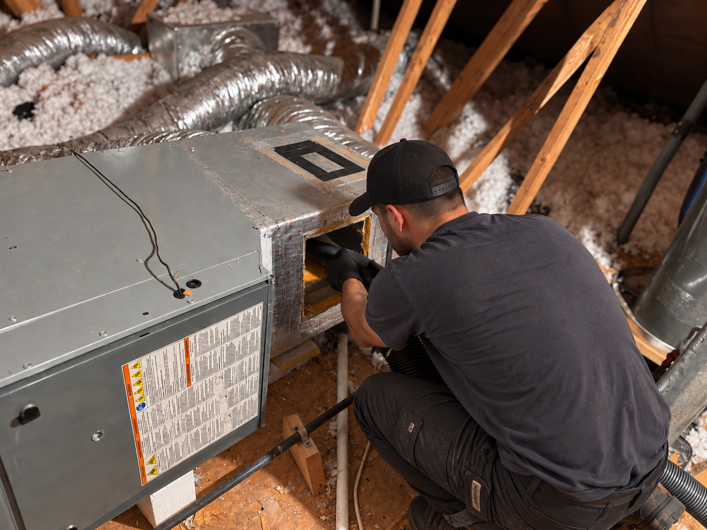 Top Quality Air Care technician servicing HVAC ductwork in a residential attic.