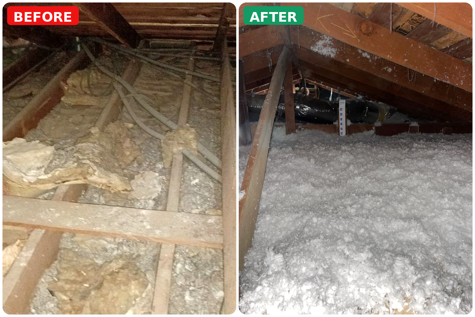 Before and after attic insulation replacement showing old deteriorated insulation replaced with new blown-in insulation.