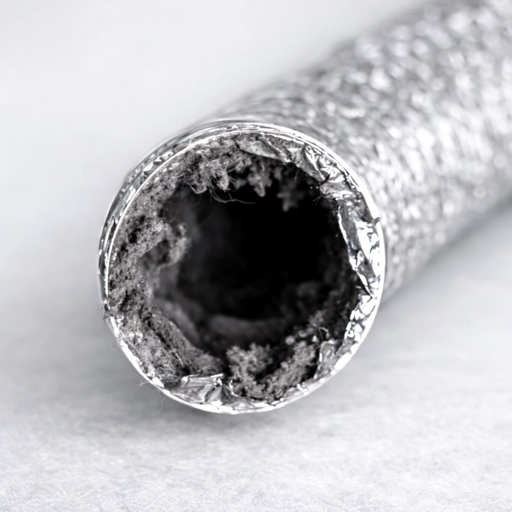 Clogged dryer vent with heavy lint buildup before professional cleaning.