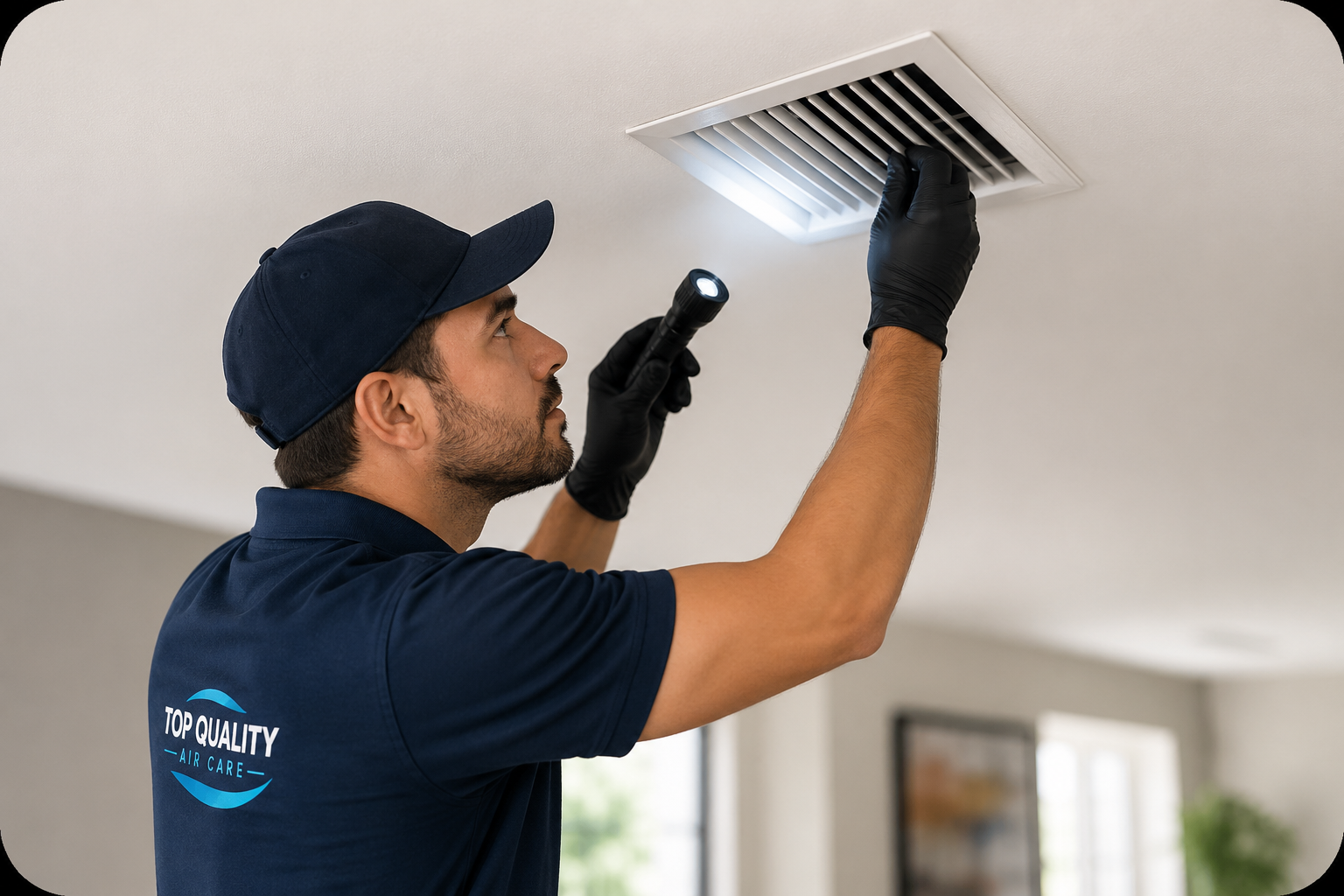 Technician inspecting a residential air vent as part of an air duct cleaning inspection.
