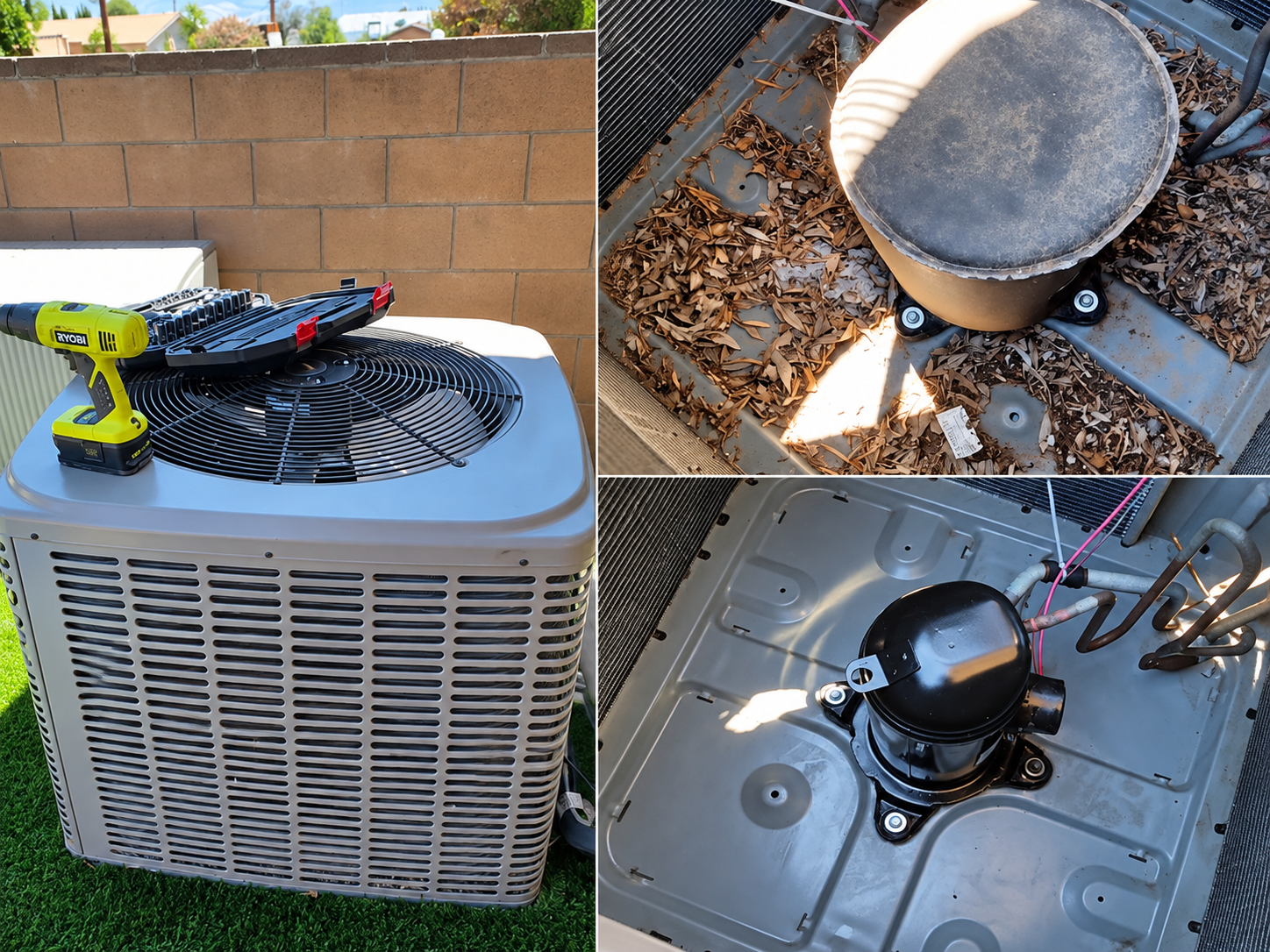 Outdoor air conditioning unit opened for professional HVAC maintenance and cleaning.