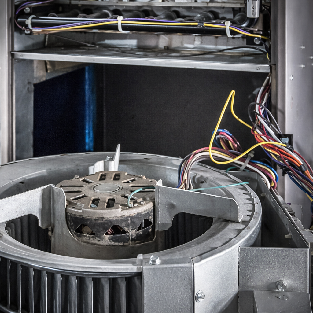 HVAC system opened for professional maintenance and cleaning.