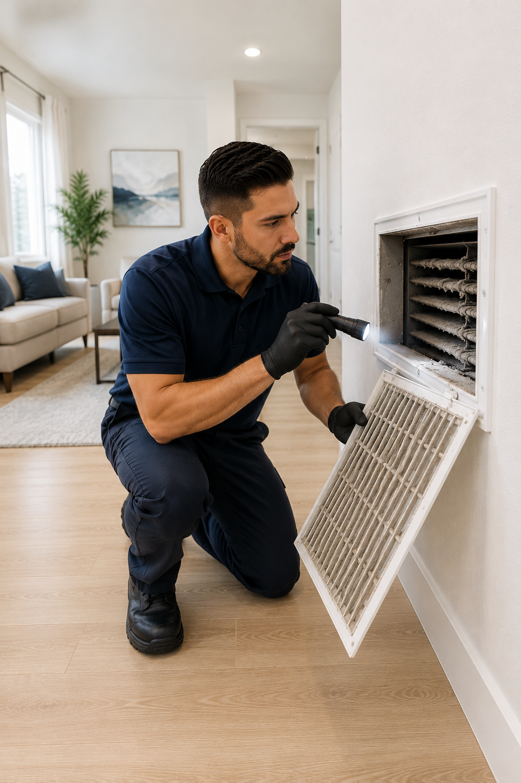 Technician inspecting a dusty residential air vent for signs of buildup before professional air duct cleaning.