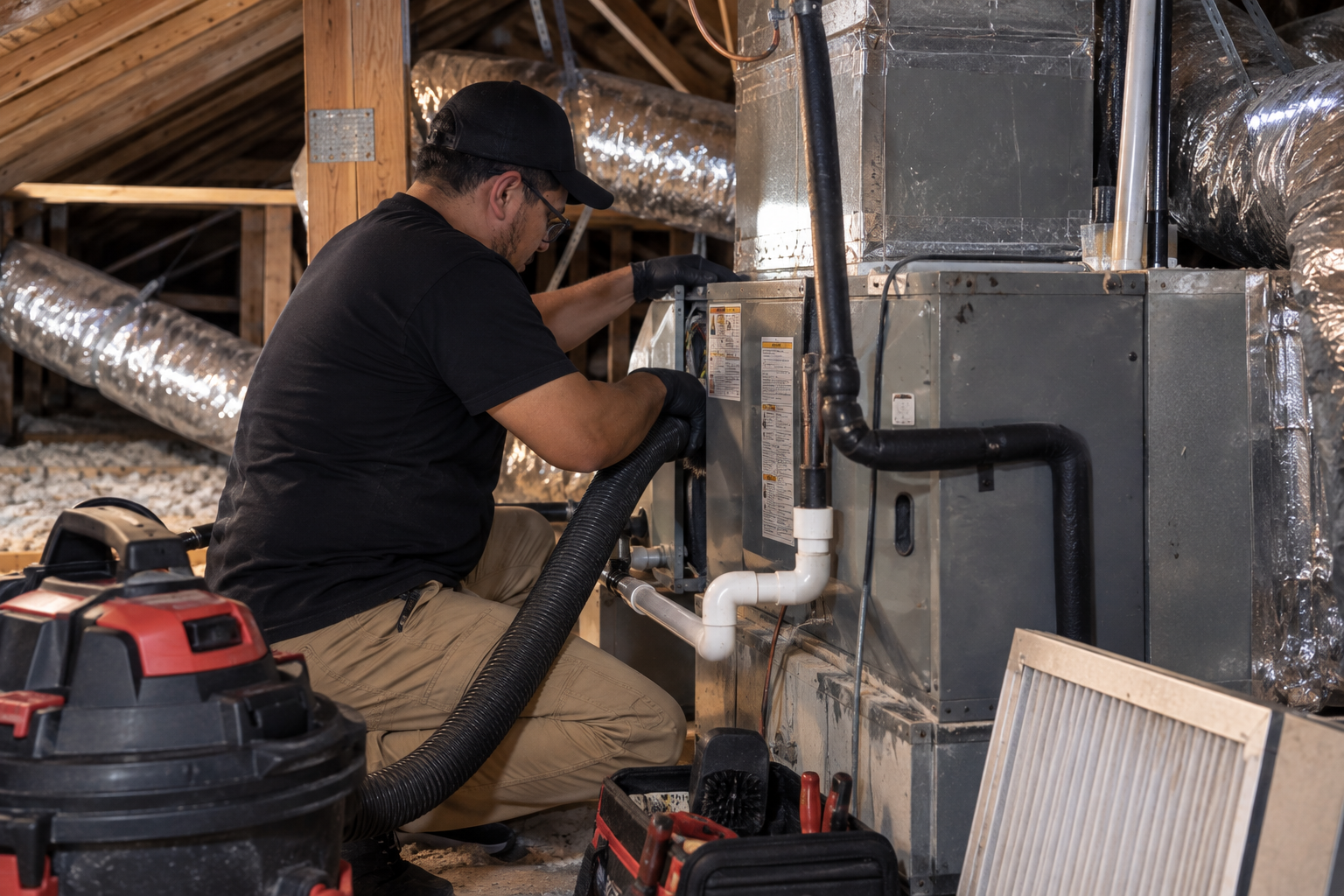 Top Quality Air Care technician cleaning and maintaining a residential HVAC system in an attic.