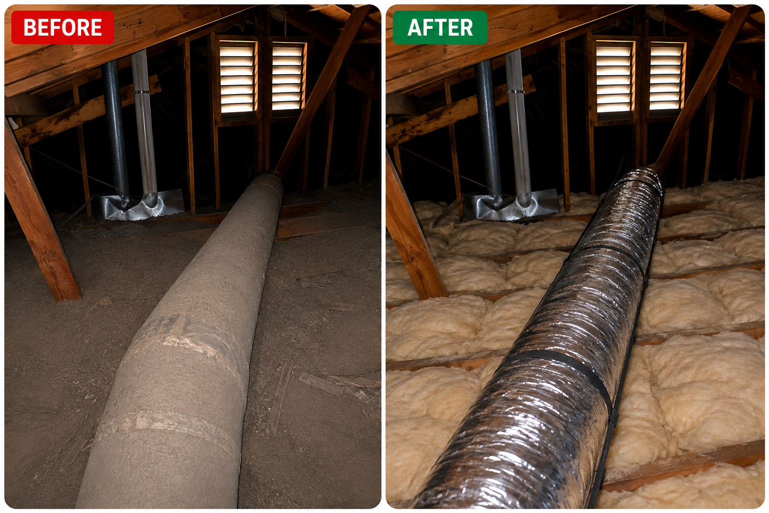 Before and after air duct replacement showing an old attic duct replaced with new insulated flexible ductwork.