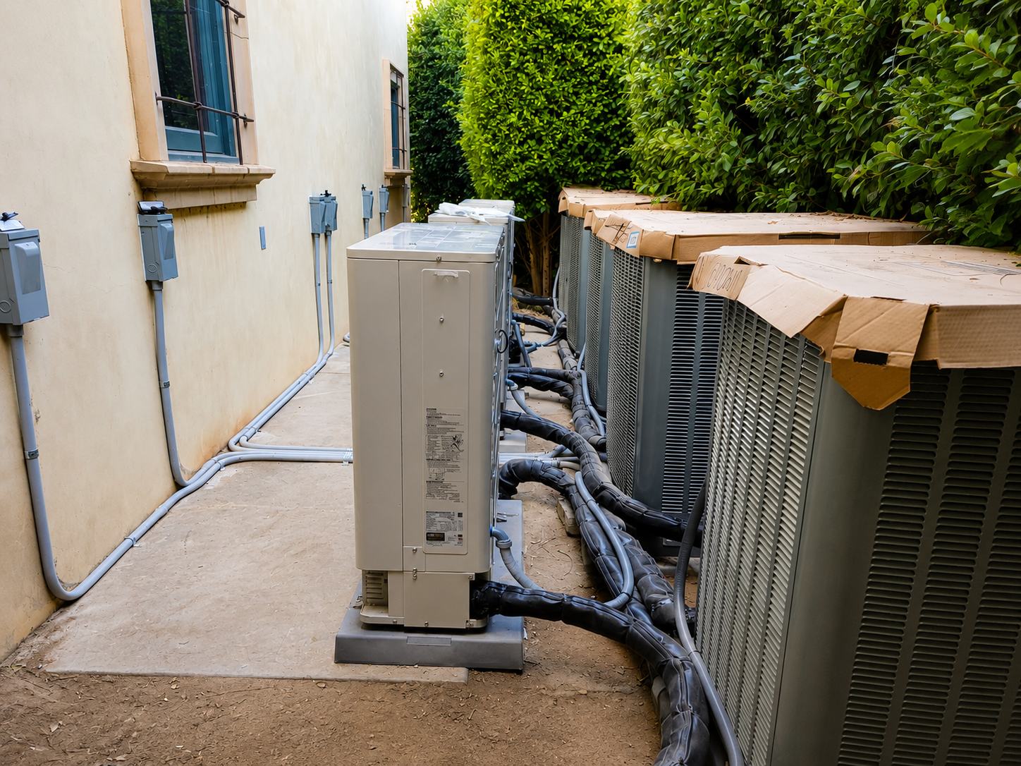 Multiple outdoor air conditioning units professionally installed beside a residential building.