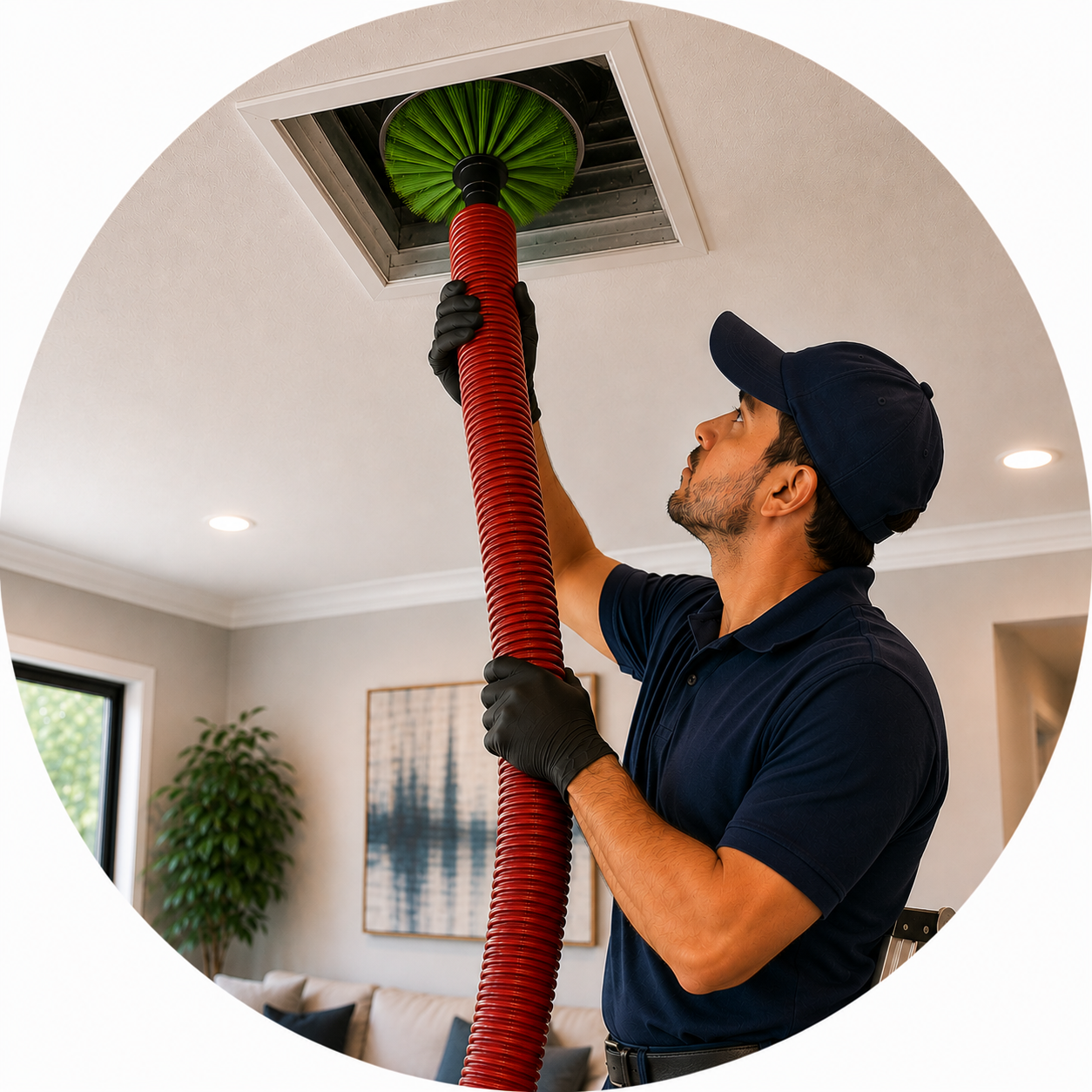 Technician professionally cleaning a ceiling air duct using specialized rotary brush equipment.