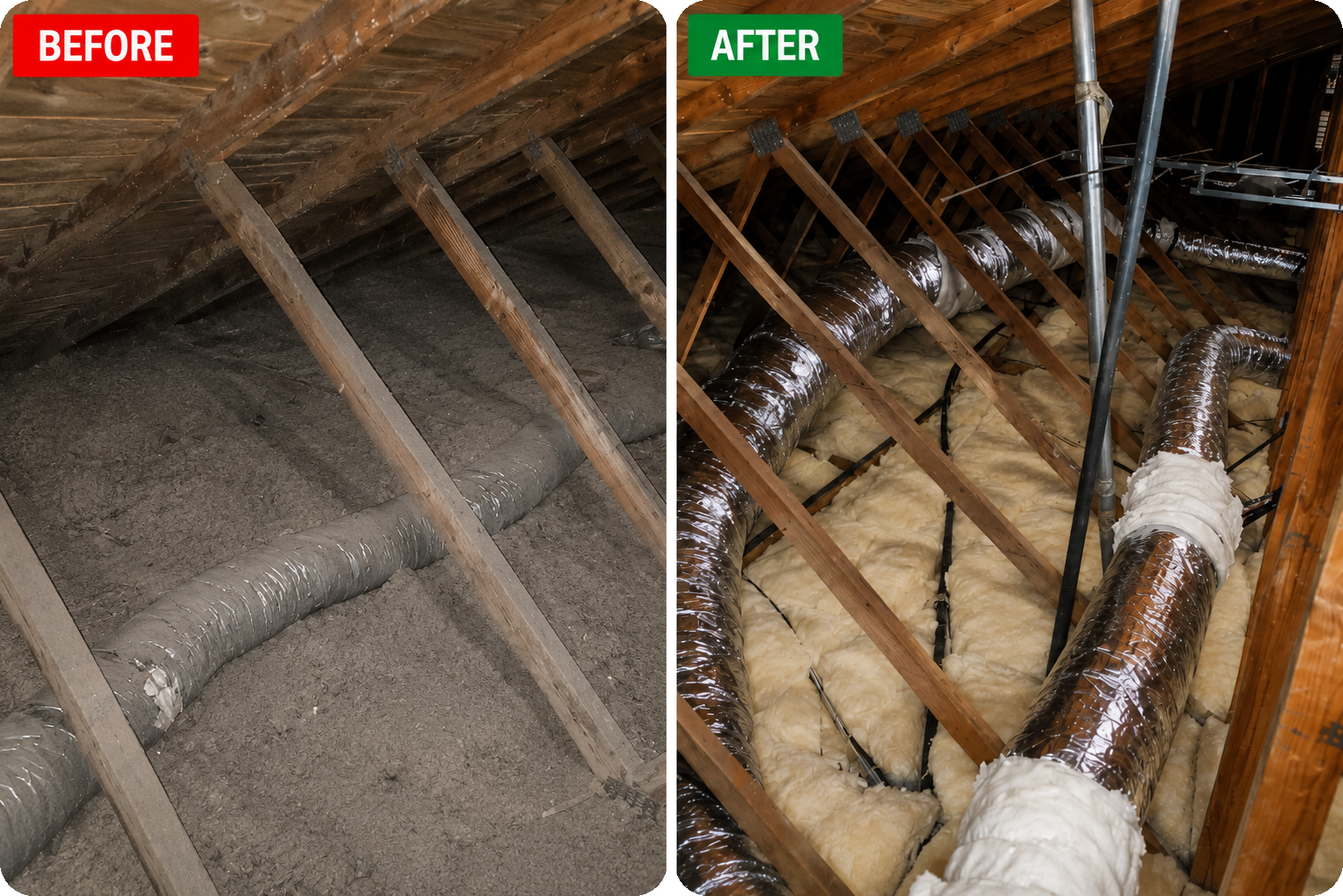 Before and after air duct replacement showing old deteriorated ductwork replaced with new insulated ducts in a residential attic.