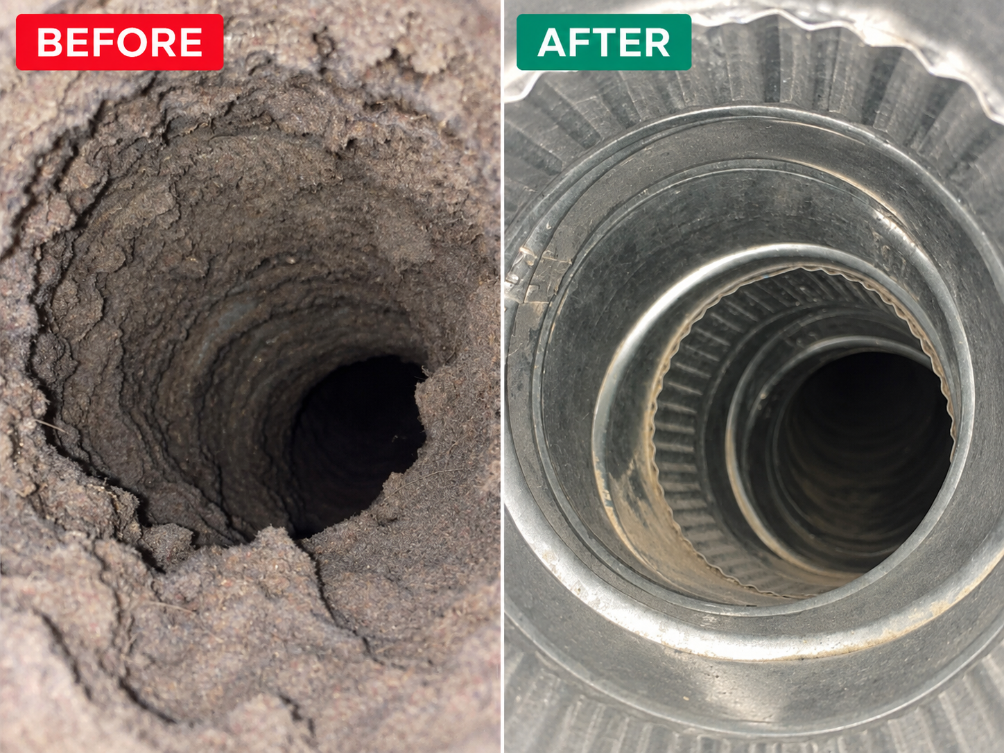 Before and after dryer vent cleaning showing heavy lint buildup removed from the vent.