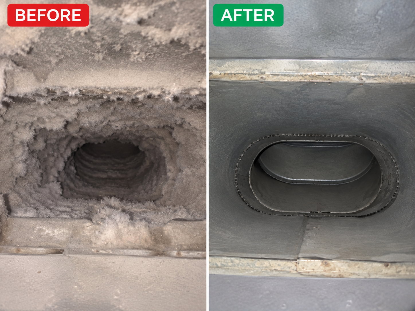 Before and after dryer vent cleaning showing a clogged vent restored to a clean, clear condition.