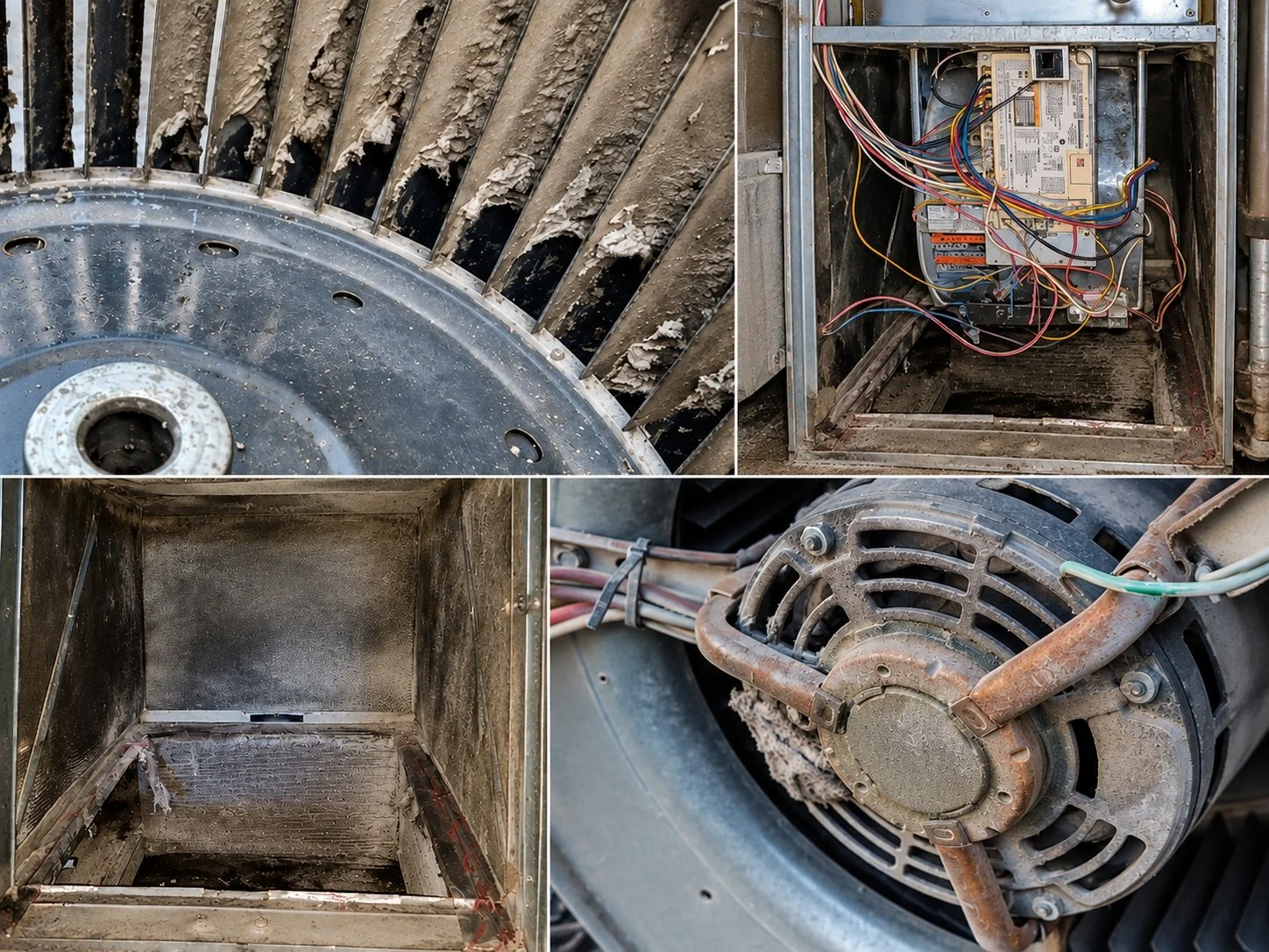 Dirty HVAC components with dust, debris, and buildup before professional HVAC cleaning.