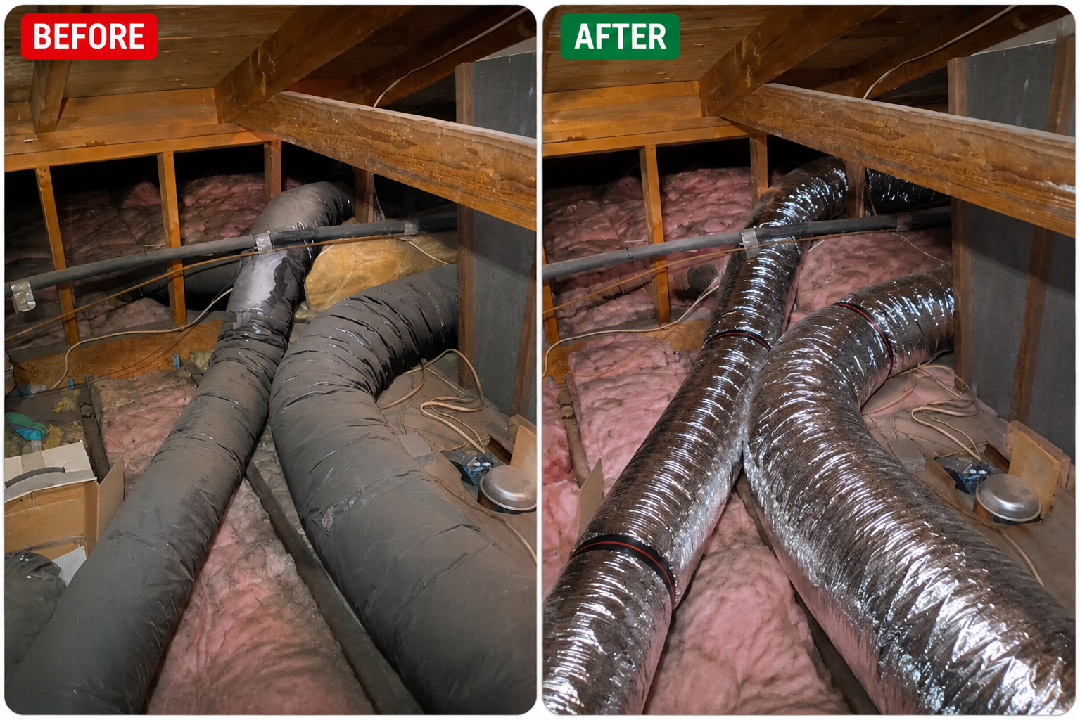 Before and after air duct replacement showing old flexible ducts replaced with new properly installed insulated ductwork.