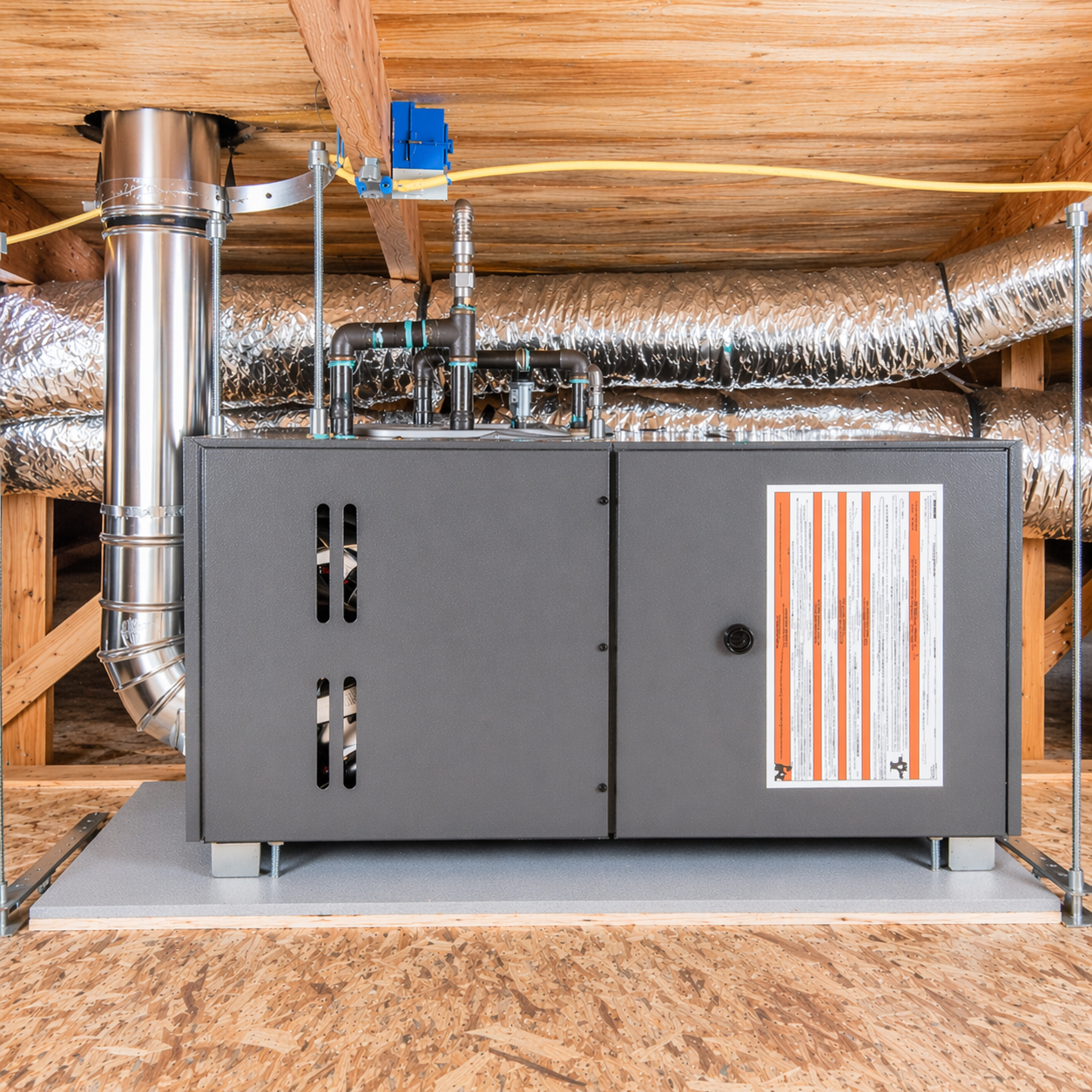New residential HVAC system professionally installed in an attic.