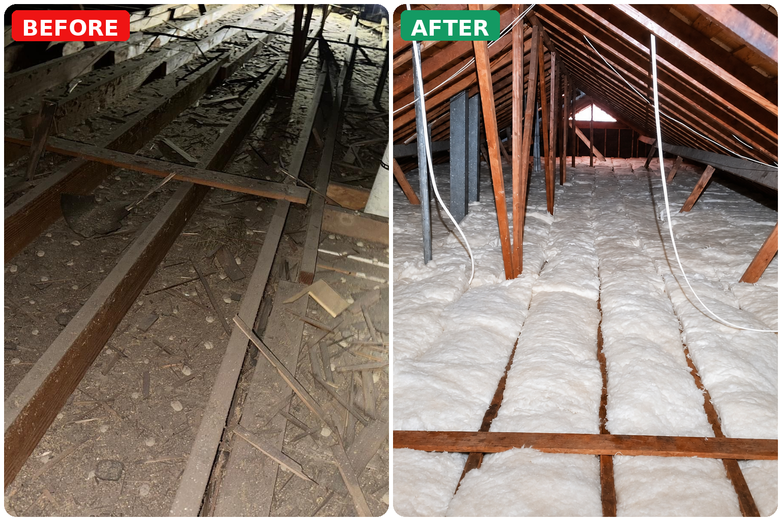 Before and after attic insulation installation showing a bare attic upgraded with new fiberglass insulation.