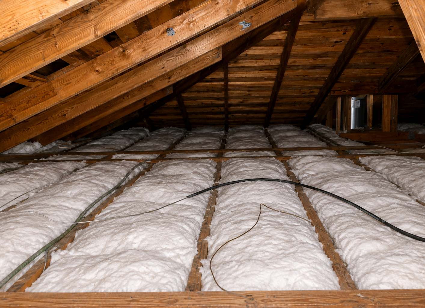 Professionally installed attic insulation between ceiling joists to improve home comfort and energy efficiency.
