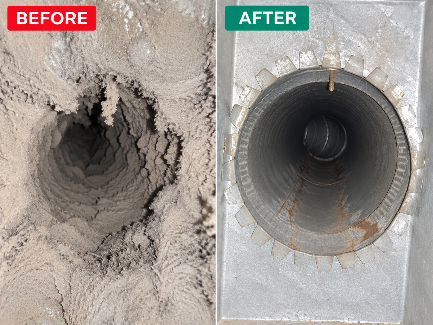 Before and after professional dryer vent cleaning showing a clogged vent cleared of lint and debris.