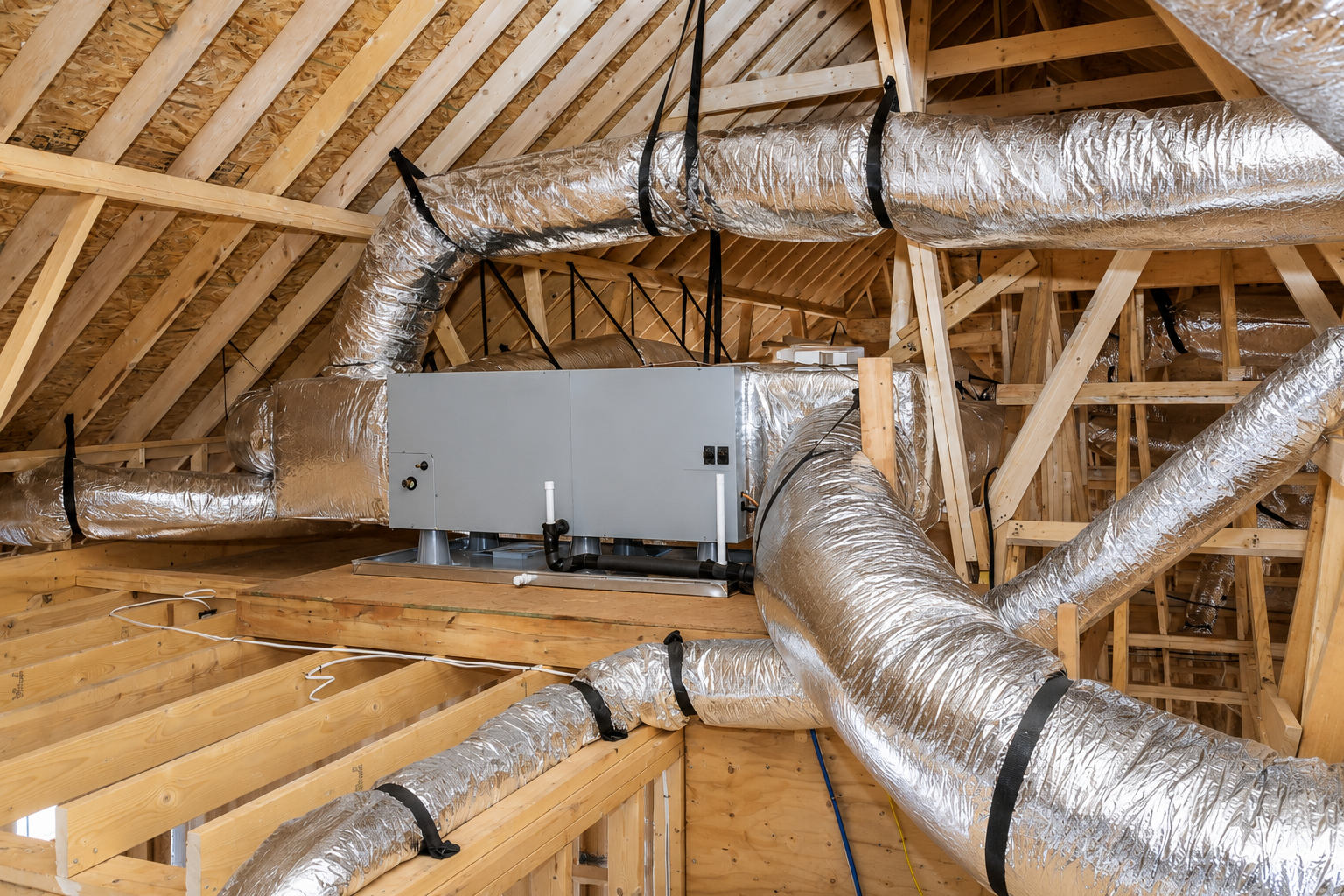 New residential HVAC system professionally installed in an attic with insulated ductwork.