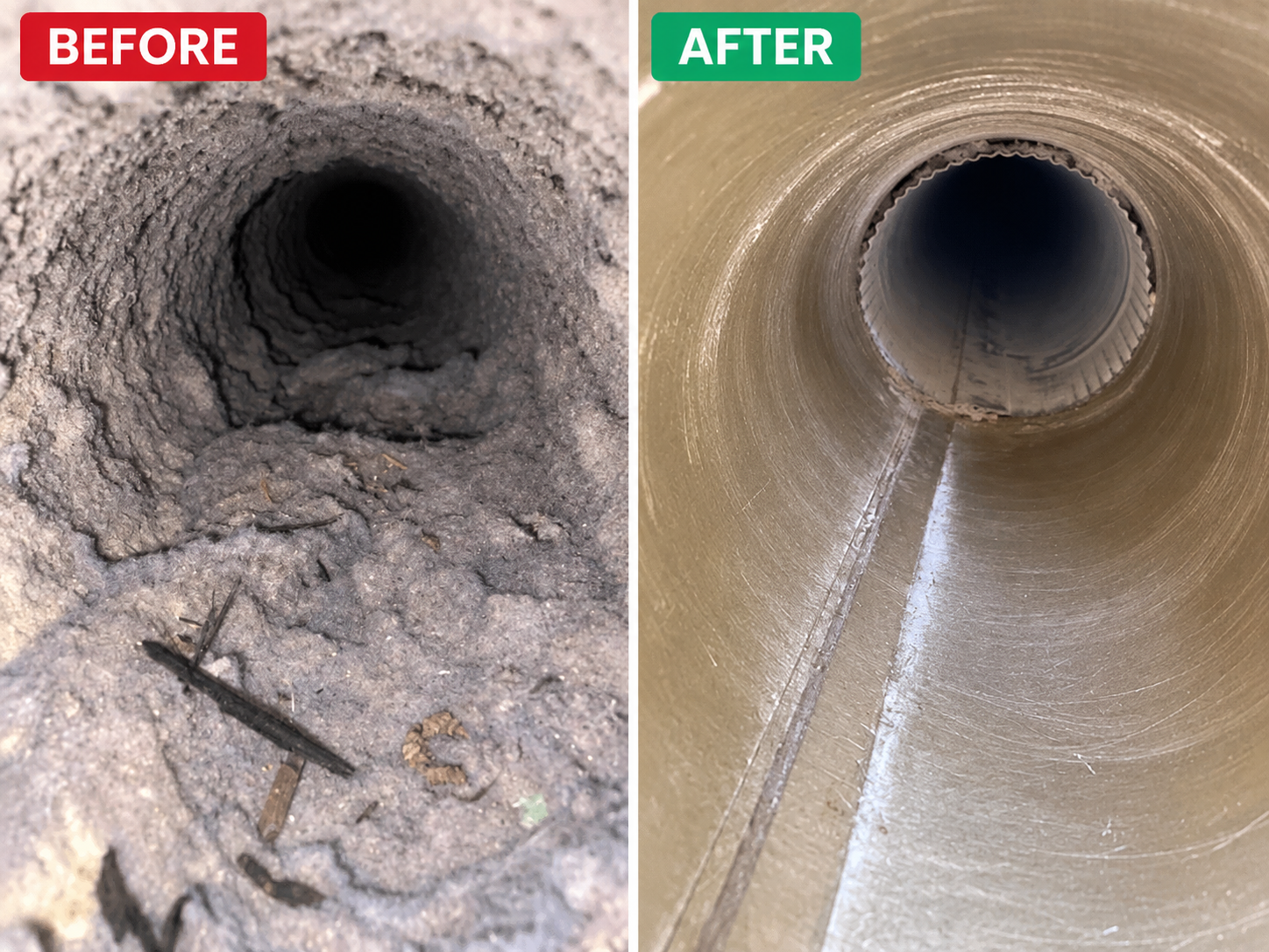 Before and after professional dryer vent cleaning showing lint and debris removed from the vent.