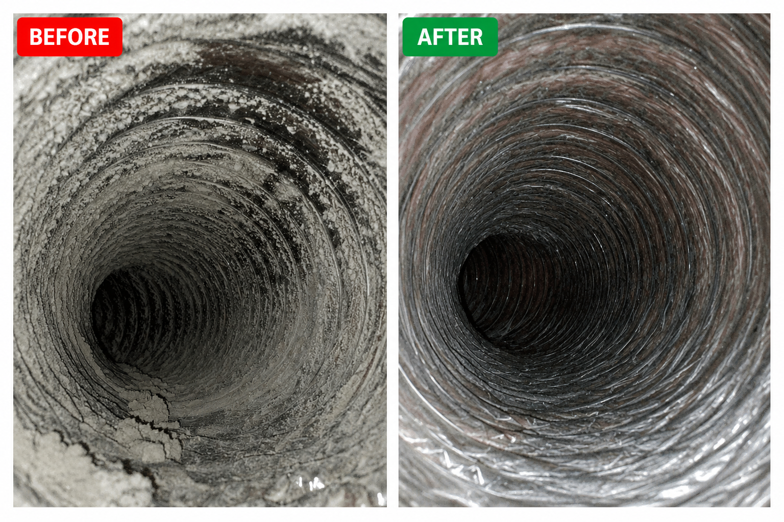 Before and after air duct cleaning showing heavy dust and debris removed from residential ductwork.
