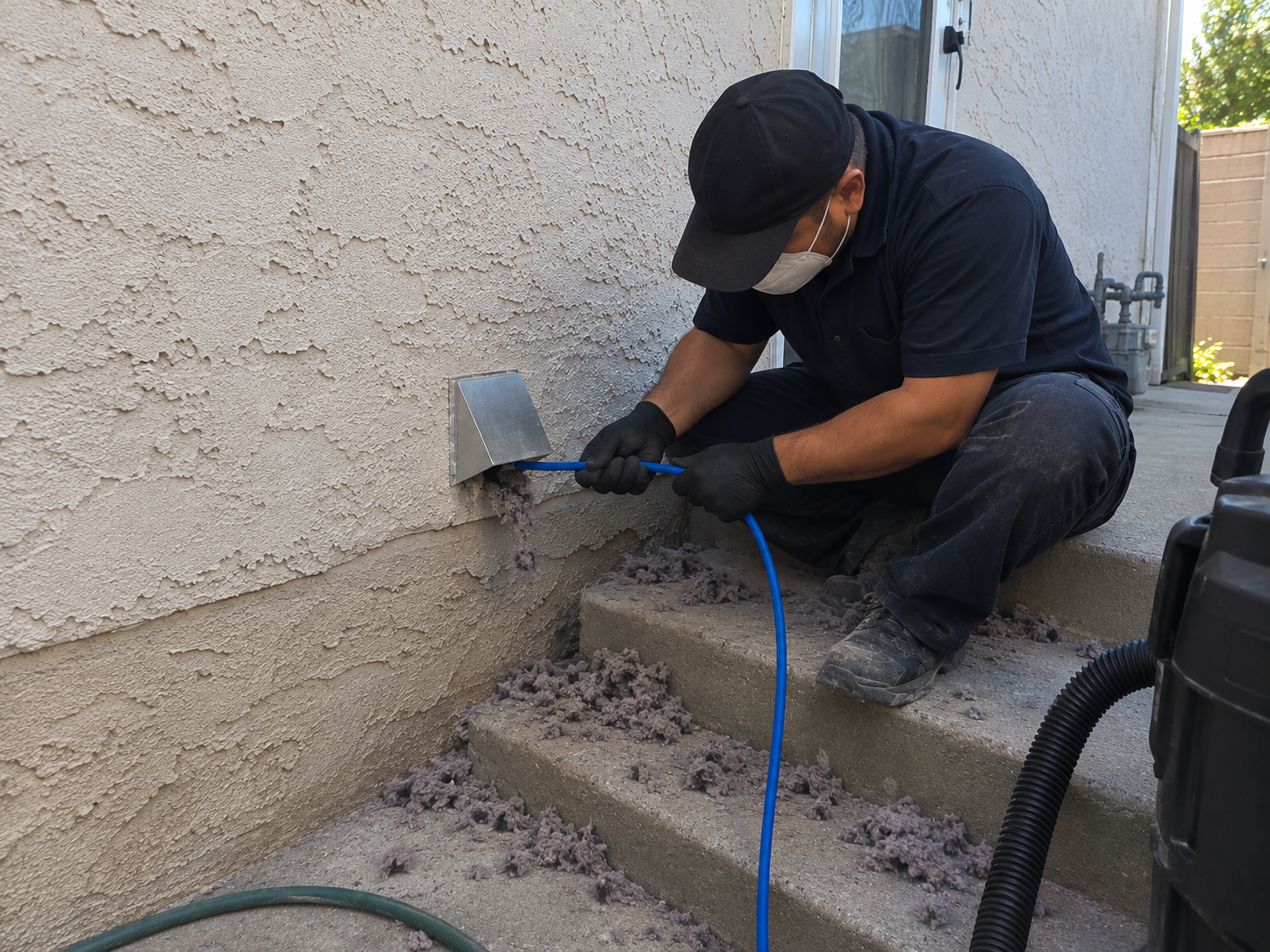 Top Quality Air Care technician professionally cleaning a residential dryer vent.