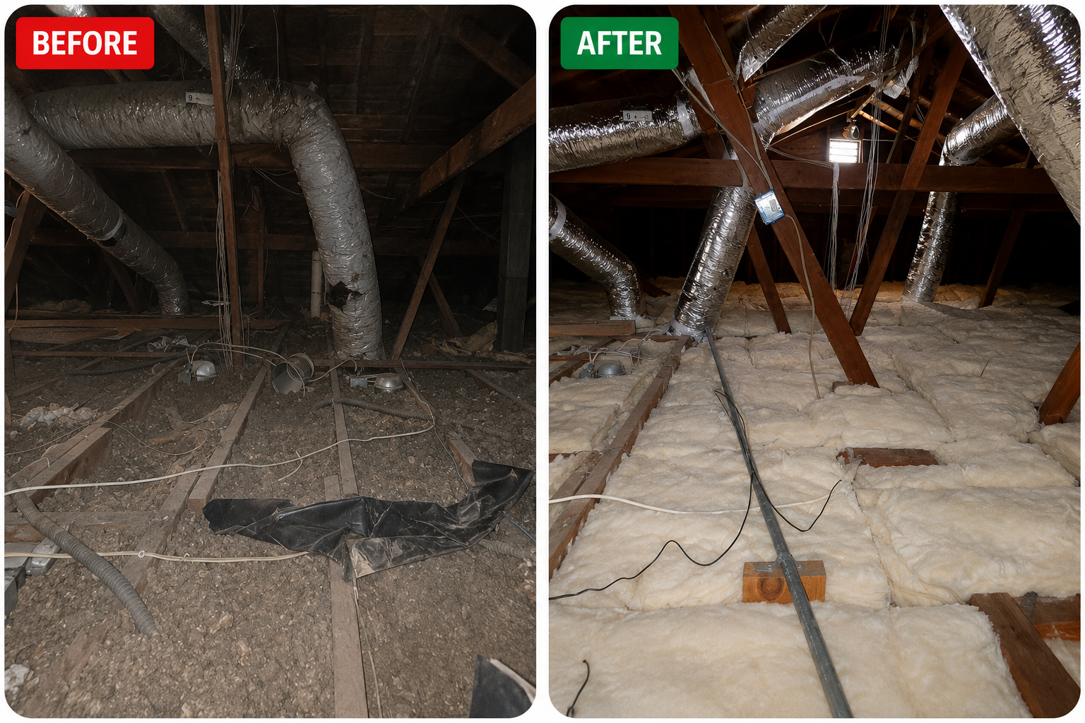 Before and after attic insulation replacement showing old insulation removed and new batts insulation professionally installed.