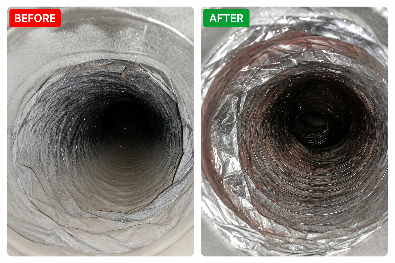 Before and after professional air duct cleaning showing buildup removed from a residential flexible air duct.