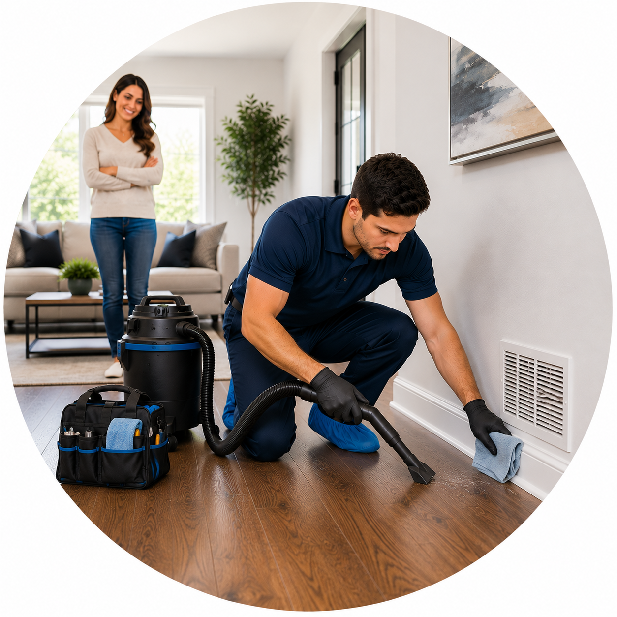 Technician protecting a homeowner's living space and work area before air duct cleaning.