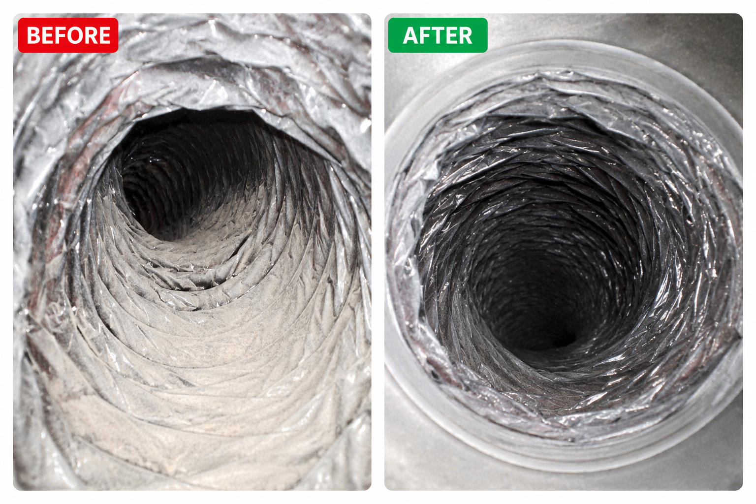 Before and after professional air duct cleaning showing accumulated dust removed from flexible ductwork.