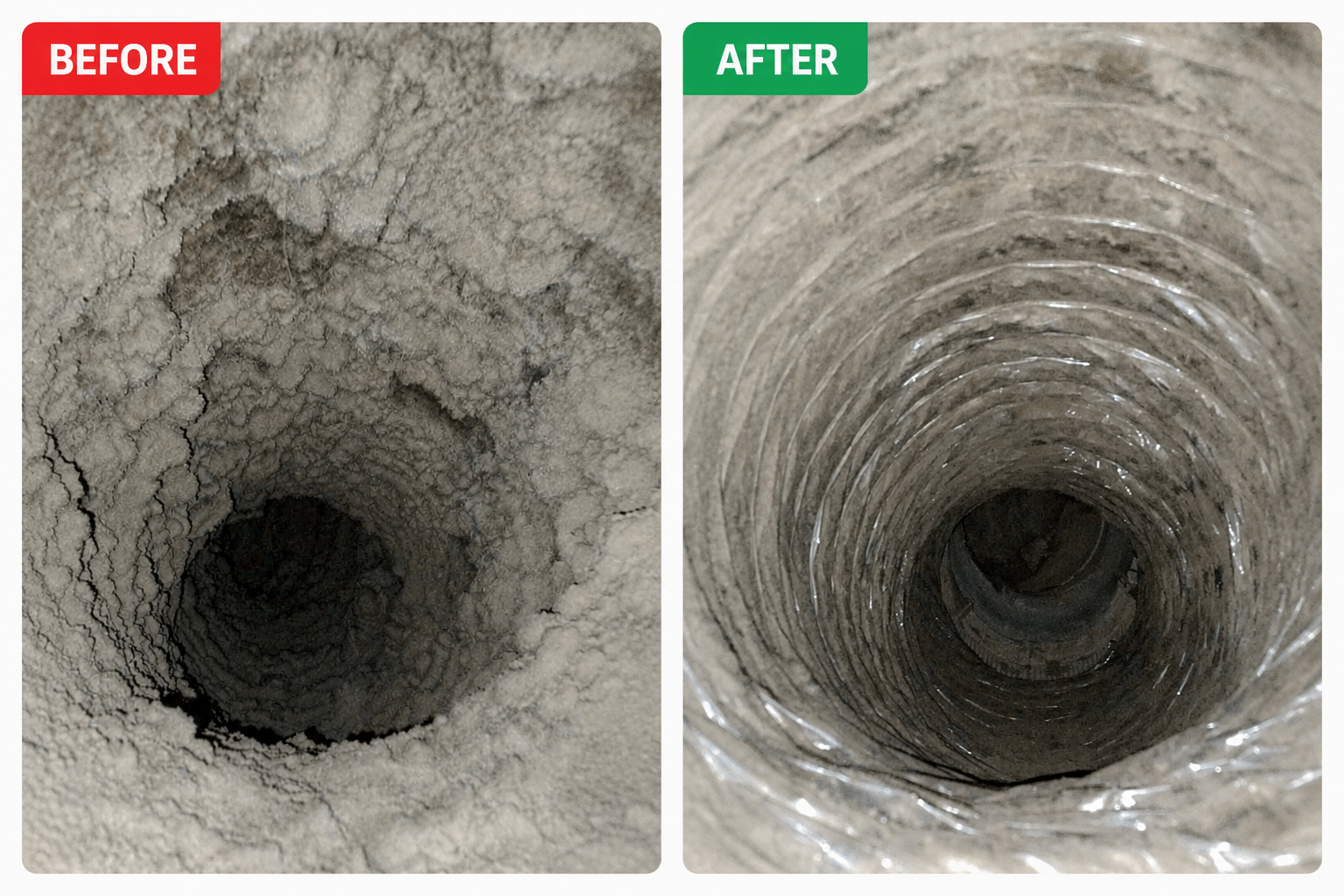 Before and after air duct cleaning showing heavy dust and debris buildup removed from residential ductwork.