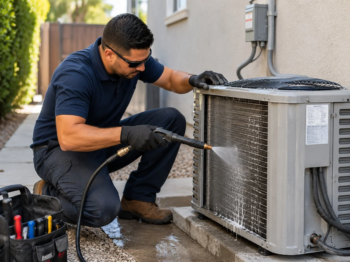 HVAC technician cleaning the condenser coils of an outdoor air conditioning unit.