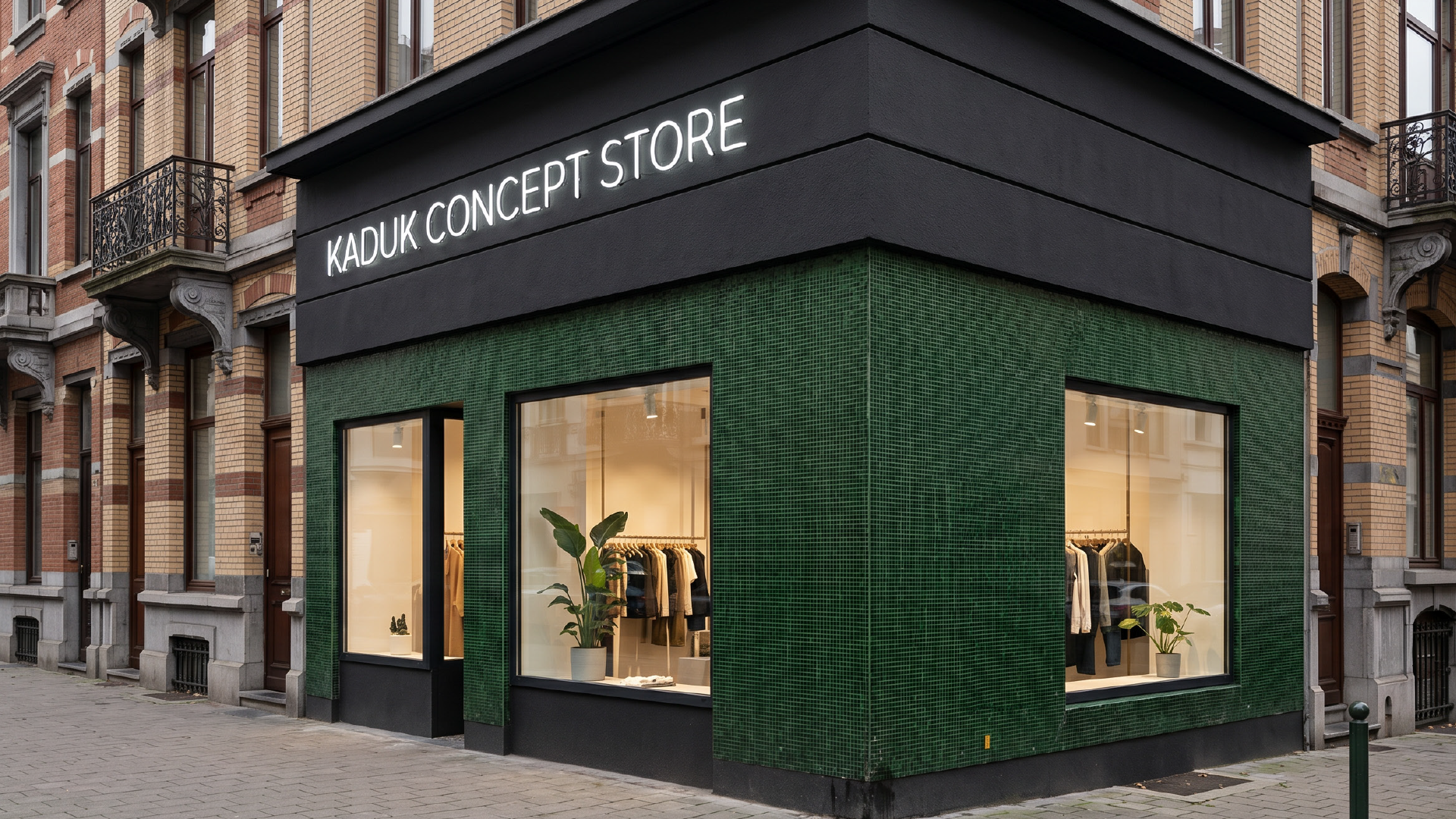 Façade d'un magasin appelé Kaduk Concept Store, avec des fenêtres laissant entrevoir des vêtements à l'intérieur et une plante en pot devant une fenêtre.
