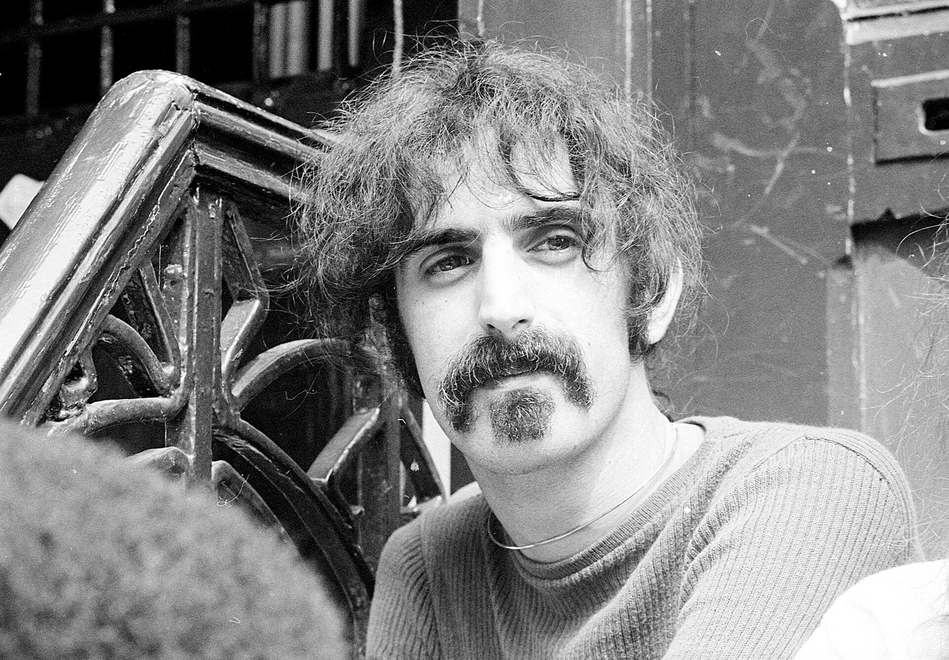 A black and white photo of a man with curly hair, a mustache, and a goatee, leaning on a metal railing, smiling slightly, wearing a long-sleeved shirt.