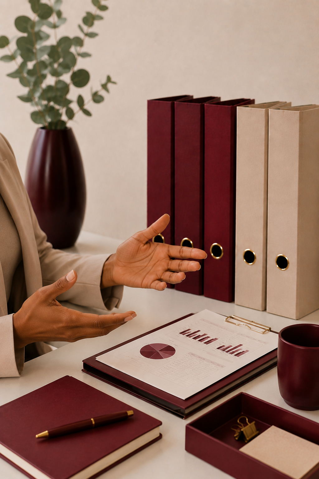 Meeting room with a person gesturing, burgundy and beige binders on a white table, documents with charts and graphs, burgundy notebook, pen, burgundy cup, and a burgundy tray with gold stationery.