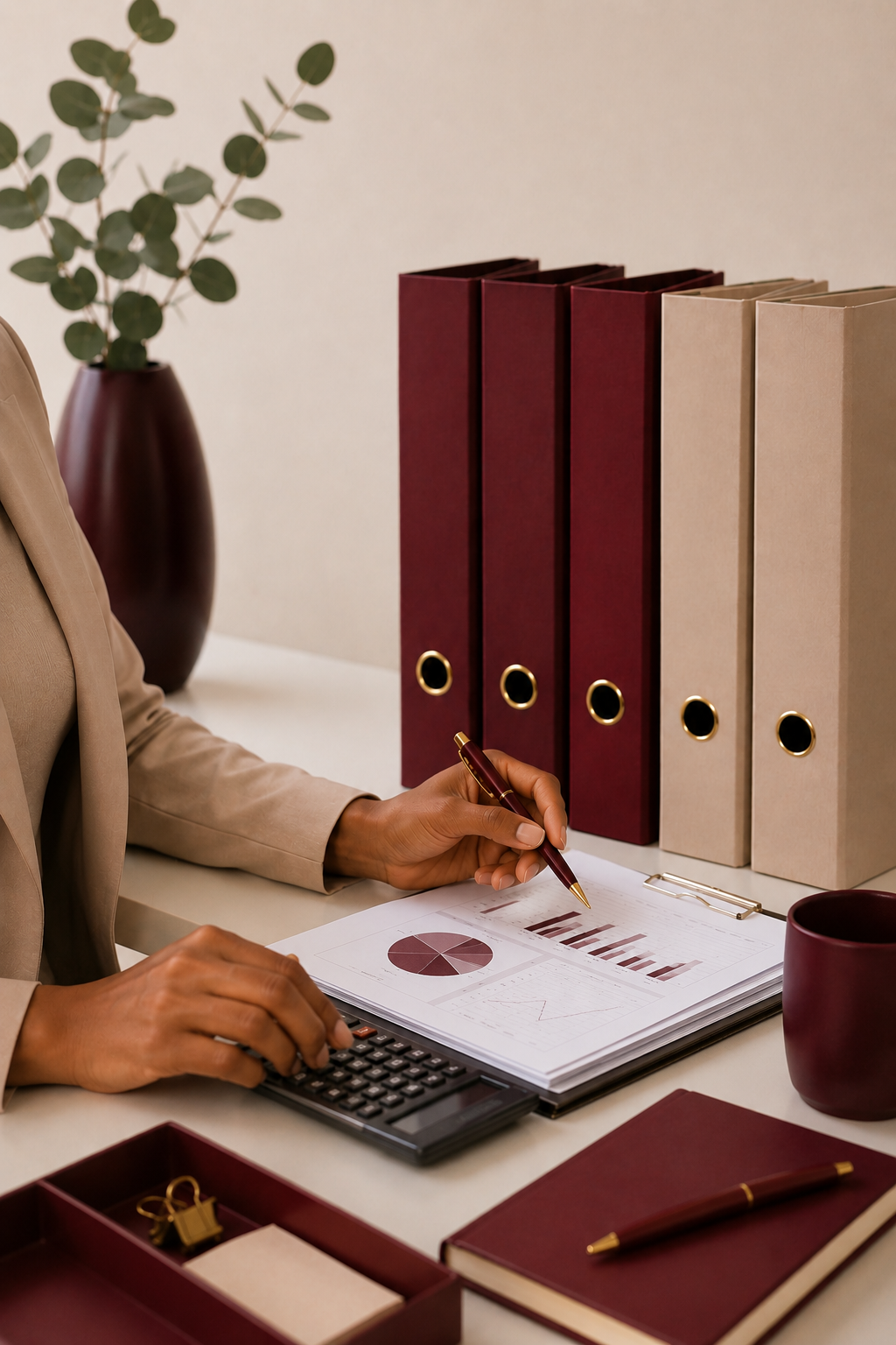 A person's hand holding a pen over financial documents with charts, a calculator, and a red coffee cup on an office desk. Red and beige binders are lined up in the background.