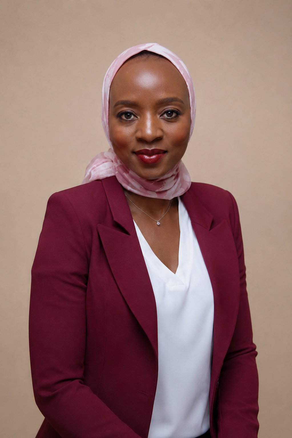 Woman wearing a pink headscarf, maroon blazer, and white blouse, smiling at the camera against a beige background.