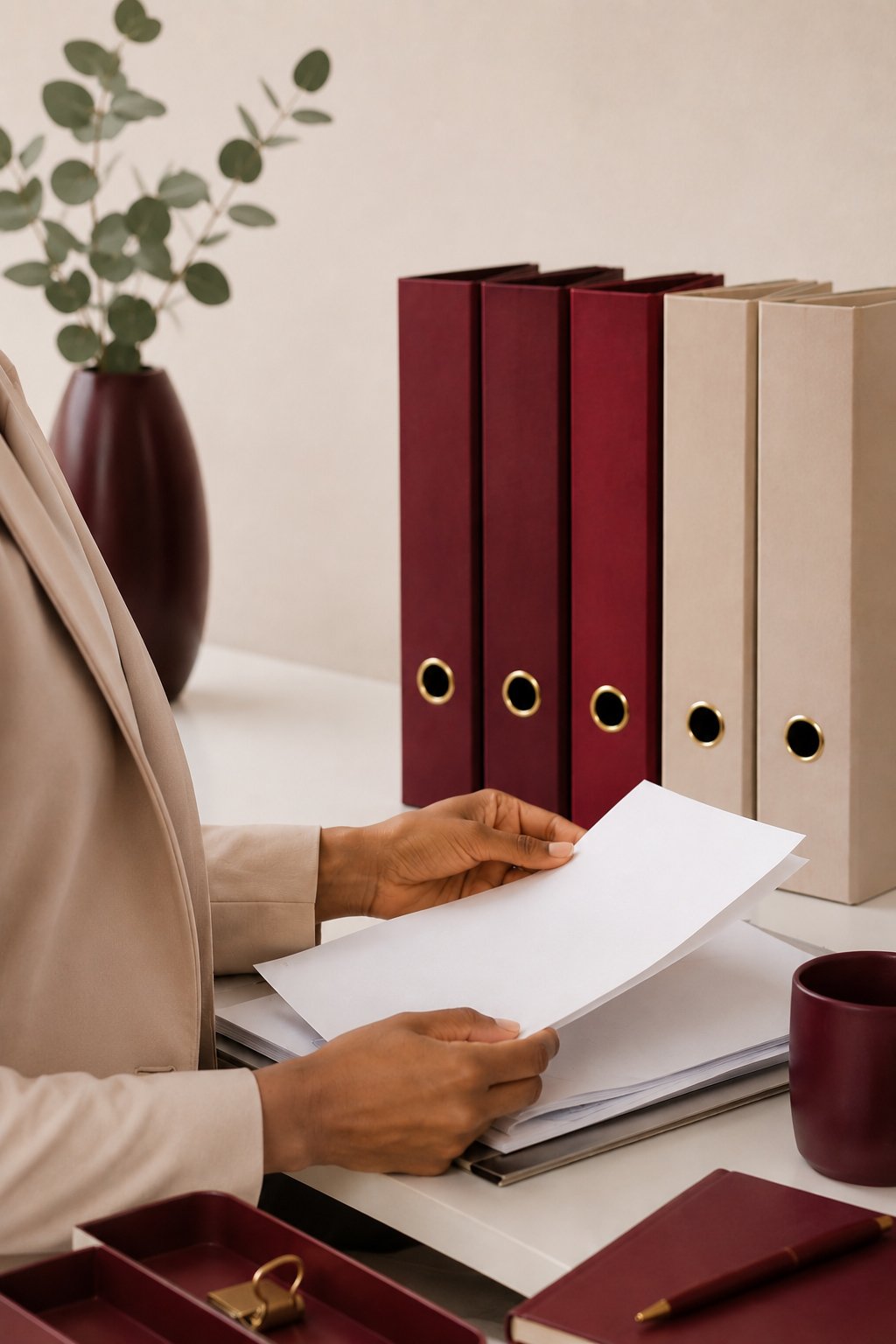 Person sitting at desk reading a document with binders, a notebook, and cups on the desk, and a vase with eucalyptus in the background.