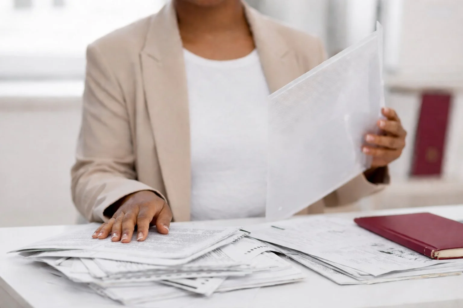 Person sitting at desk with a blazer, reading and handling a stack of papers and a manila file, with a burgundy notebook on the desk.