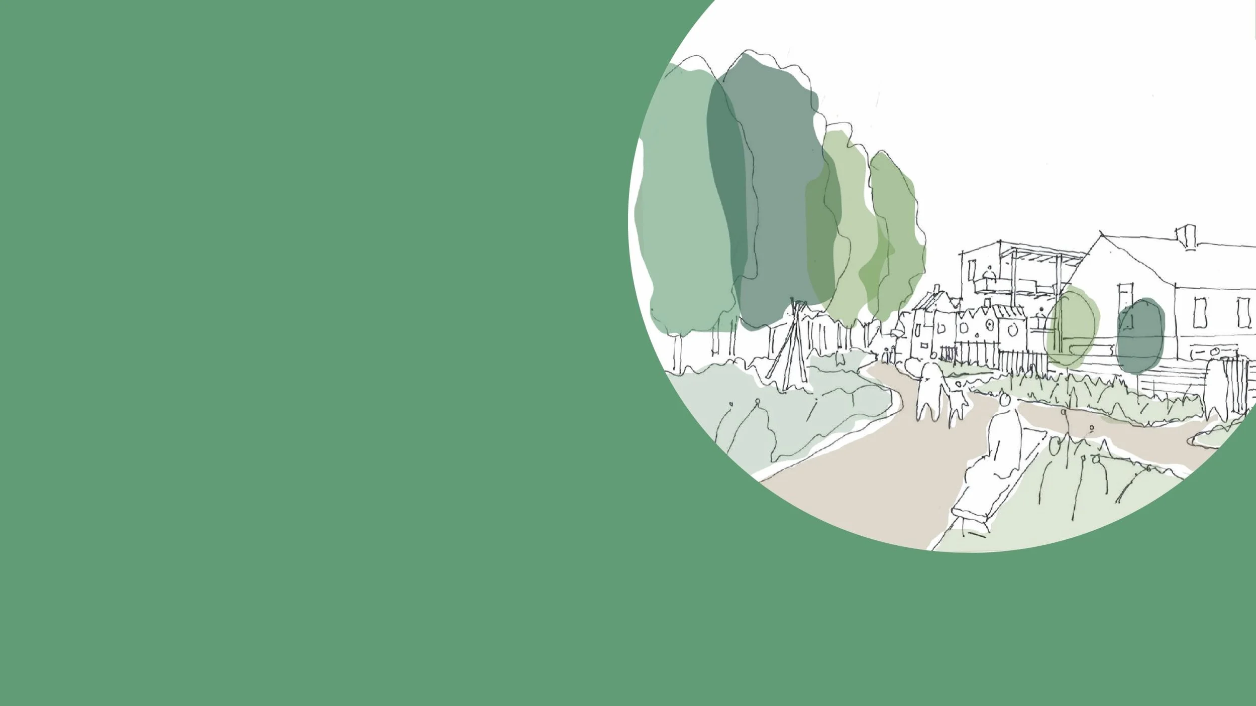 Sketch of a neighborhood with houses, trees, a walking path, and a person with a dog on a green background.