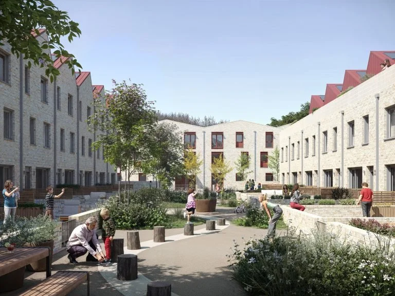 People enjoying a courtyard garden at an apartment complex with multifamily buildings, trees, and benches.