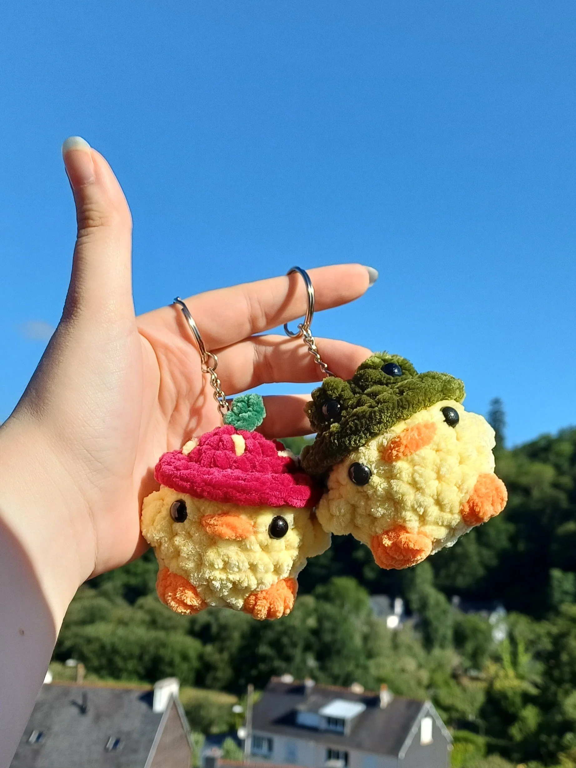 Duo de Poussins Porte-Clé - Grenouille & Fraise