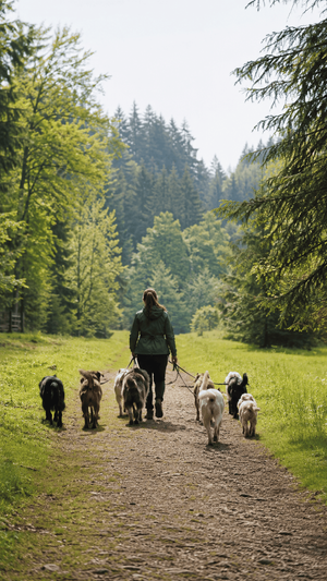 Dogwalking Hamburg: kleine Hundegruppe mit Hundetrainerin unterwegs auf einem Waldweg