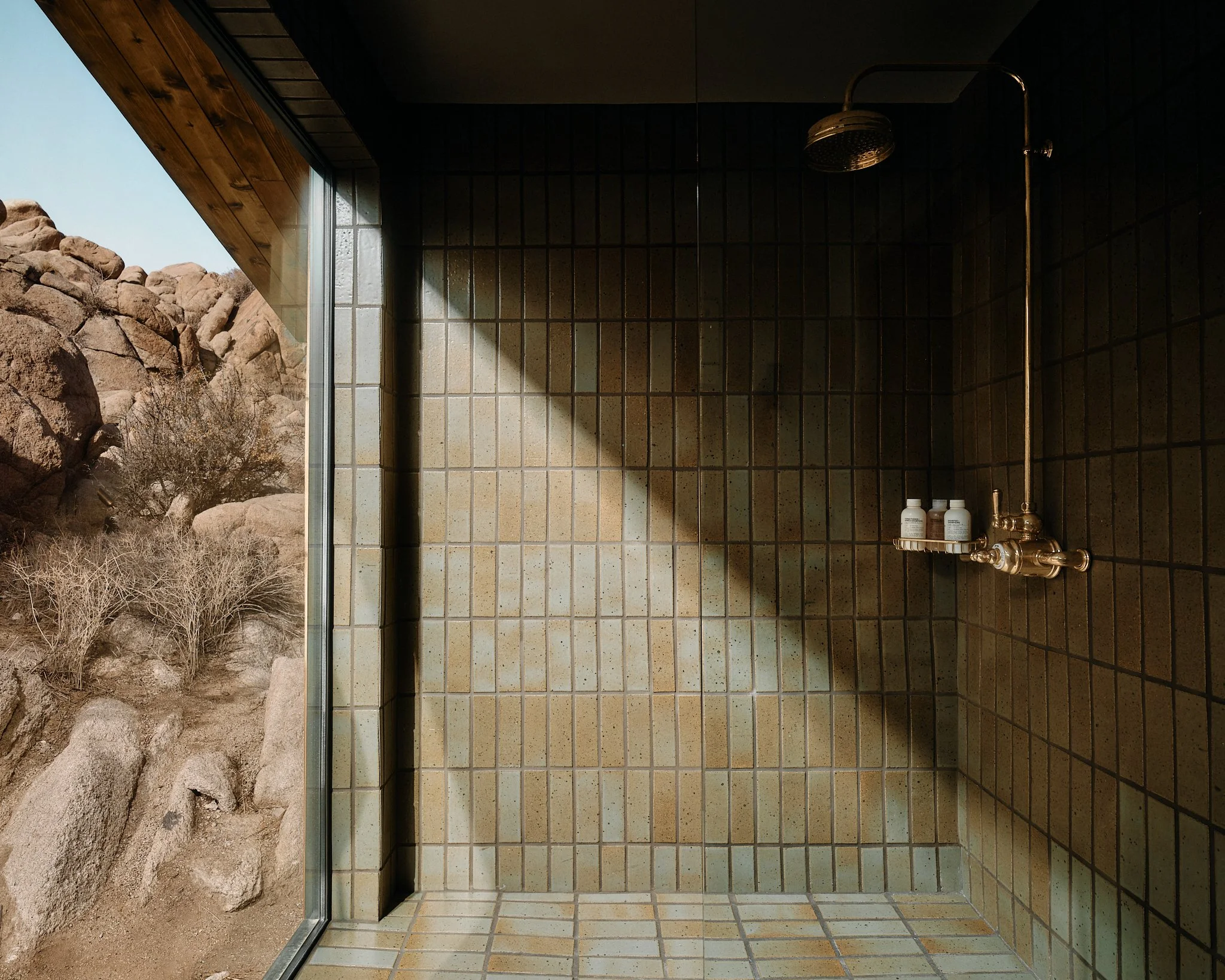Indoor shower area with large glass window showing desert landscape with rocks and dry bushes outside.