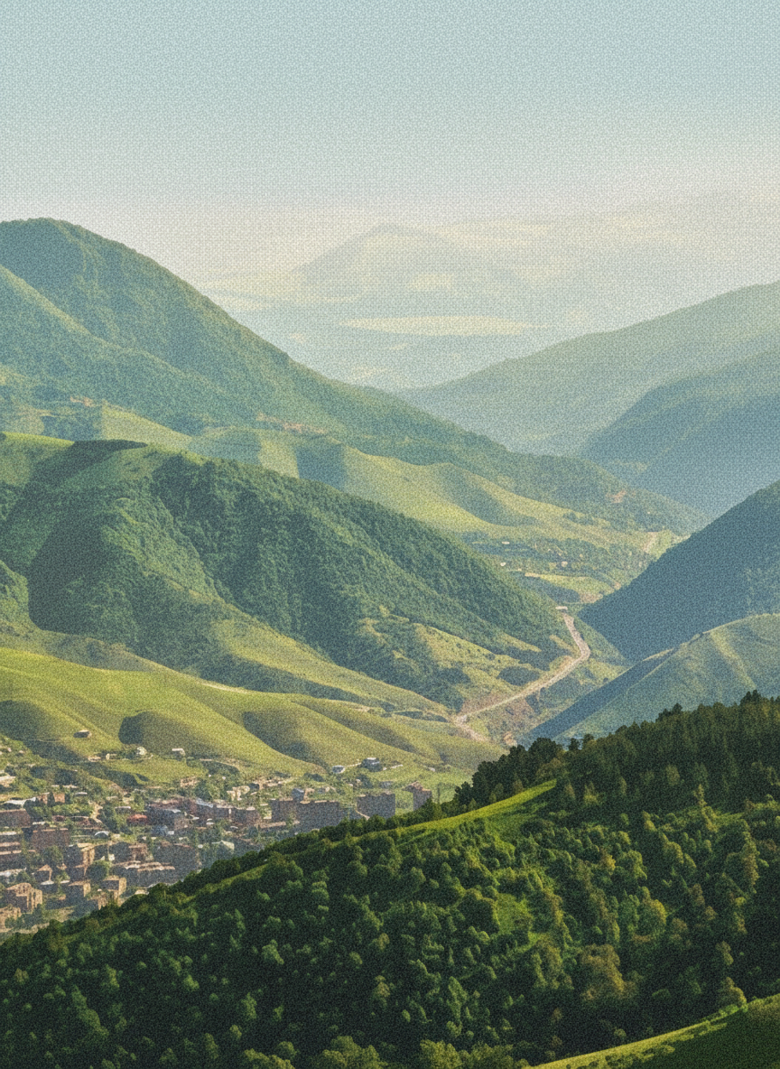 A scenic view of green mountains with a small village at the base and a winding road through the valleys.