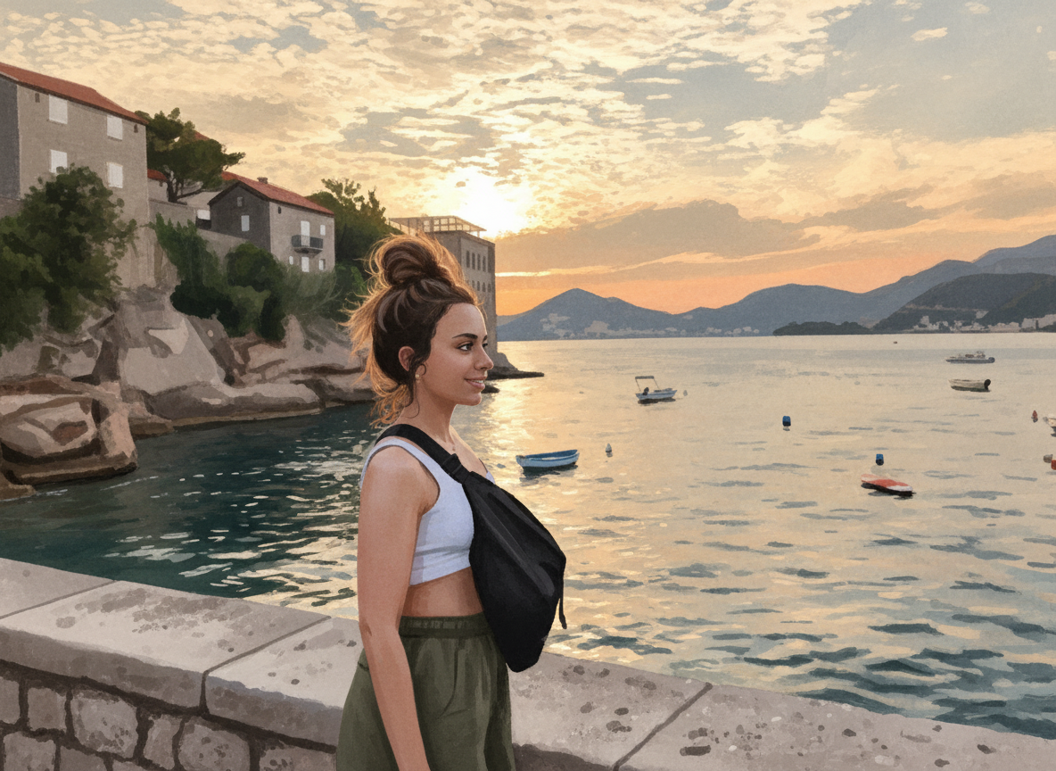 A young woman with dark hair in a messy bun standing by a stone railing along the water at sunset, looking towards the horizon with mountainous landscape and boats in the water.