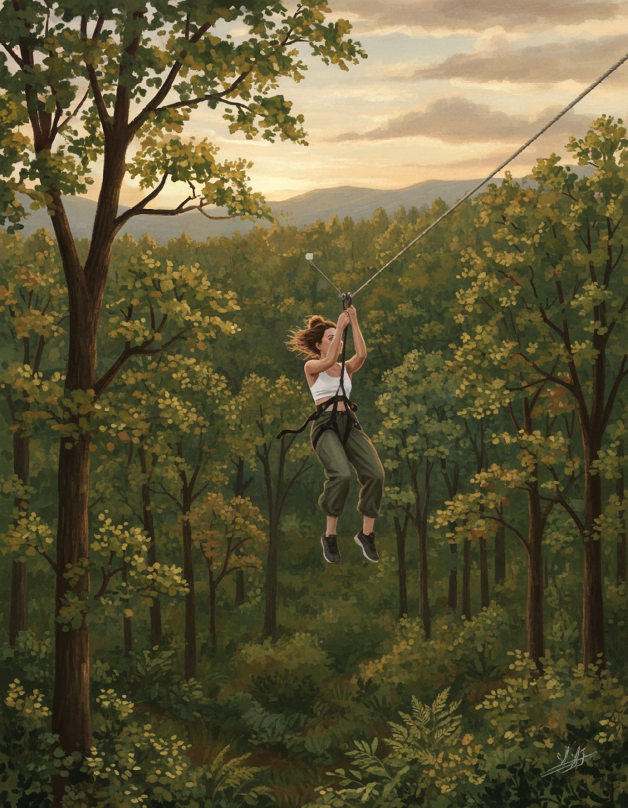 Woman ziplining through a dense green forest during sunset with mountains in the background.