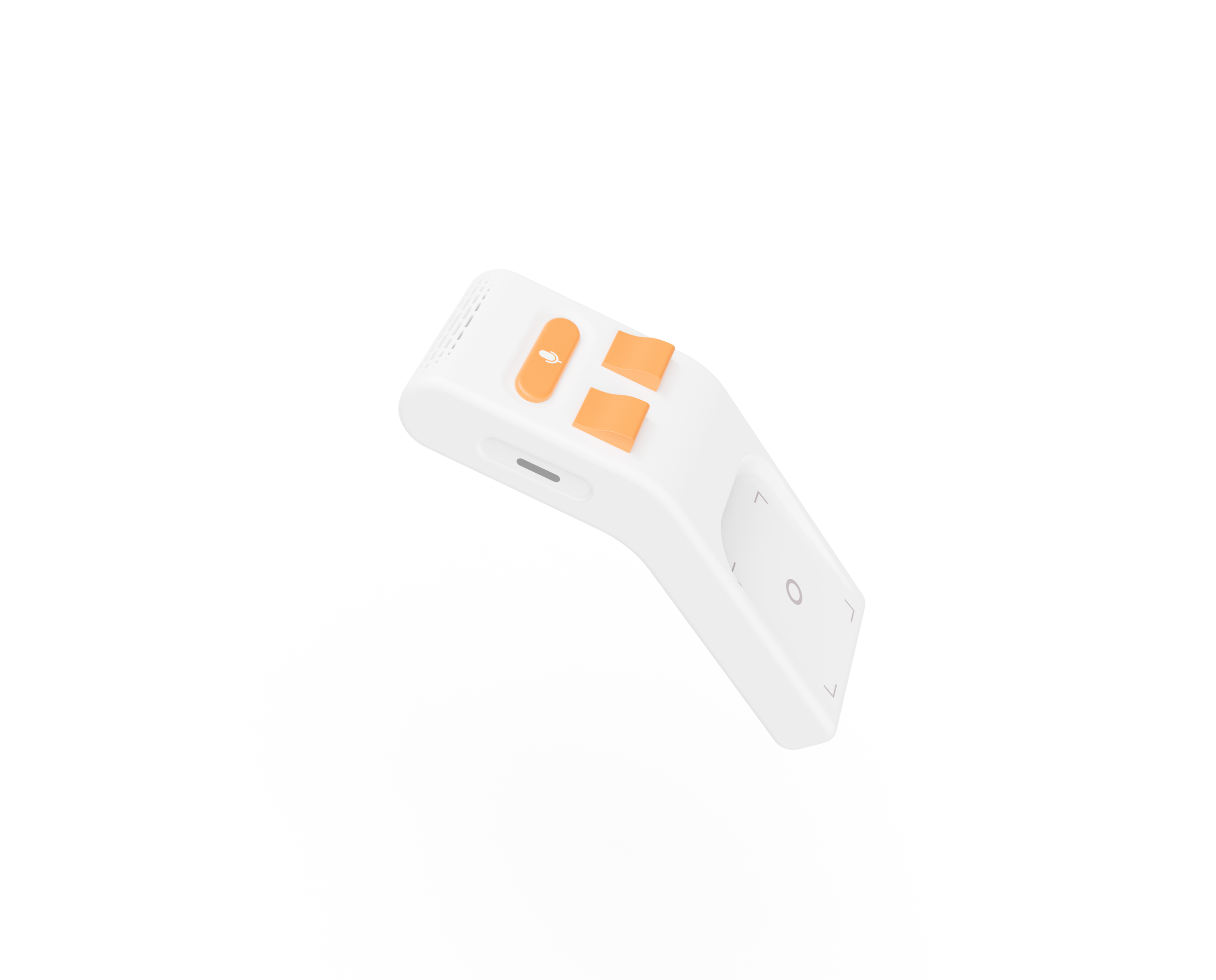 Close-up of a white handheld medical device with orange buttons and icons, viewed from an angle.