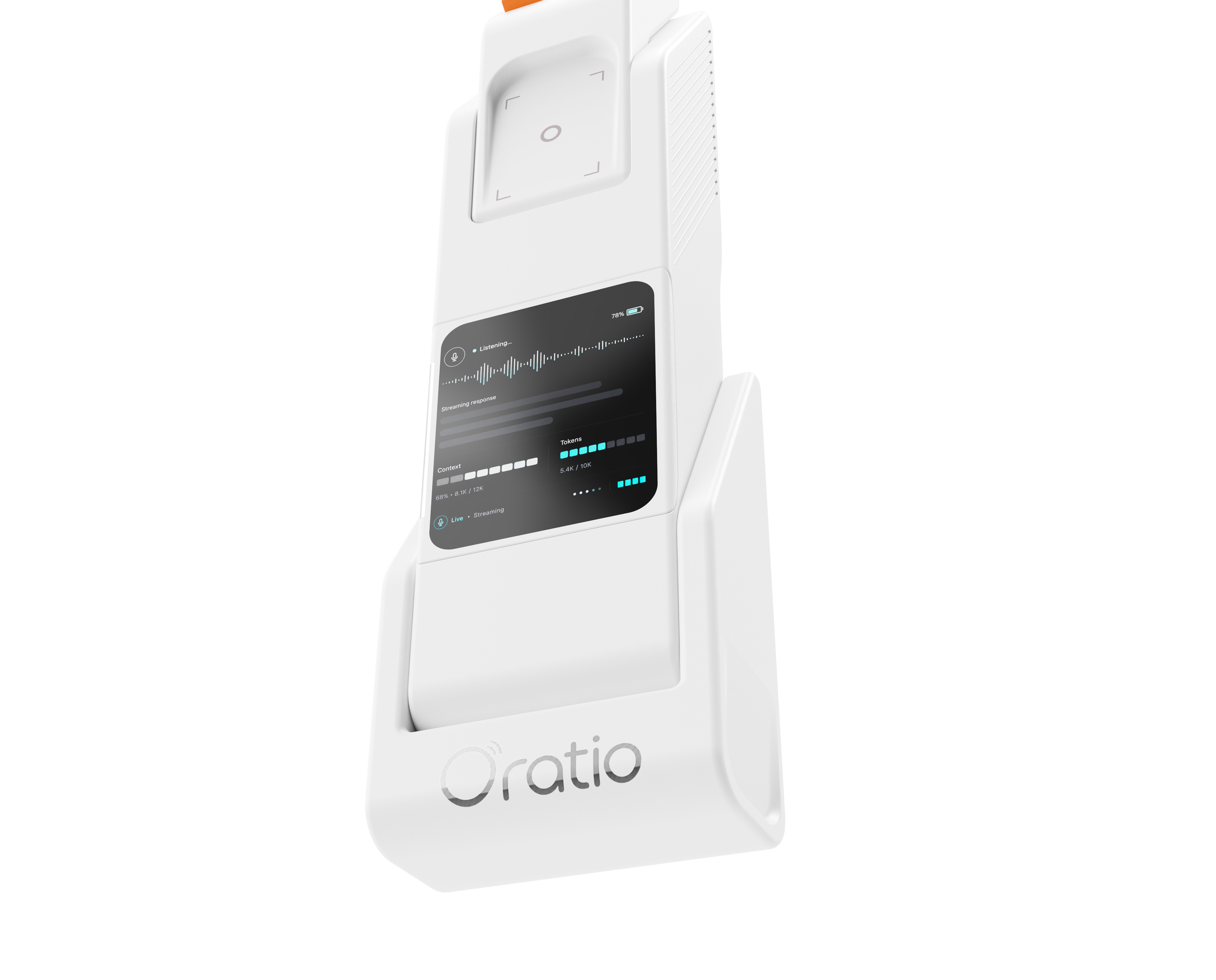 A white Oratio device with a small screen displaying digital information, a slot on top, and a vertical rectangular shape with diagonal ridges on the side.