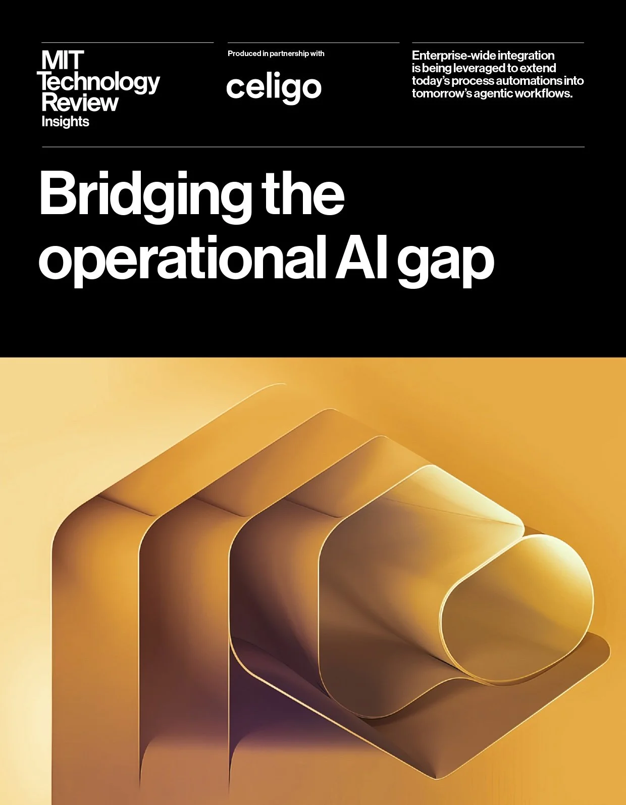 Cover page of MIT Technology Review Insights report titled 'Bridging the operational AI gap' with a graphic of three gold-colored tubes or pipes in a modern, geometric design.