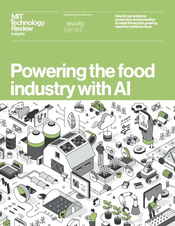 Cover of MIT Technology Review Insights report titled 'Powering the food industry with AI' with illustrations of farming, food production, and AI technology.