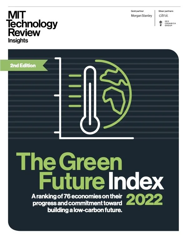Cover of the MIT Technology Review Insights report titled "The Green Future Index 2022". It features a dark background with a line drawing of a thermometer and a globe outline. The report is the 2nd edition, ranking 76 economies on their progress toward a low-carbon future. The cover includes logos of MIT Technology Review, Morgan Stanley, Citrix, and Iris Ceramica Group.